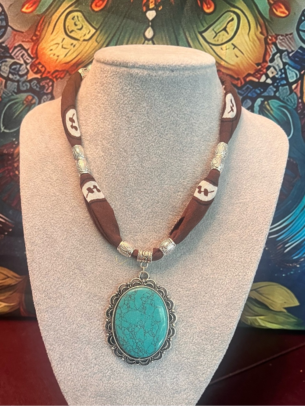 Boho Turquoise Pendant, 2.5” Necklace with Premium Brown Bandana